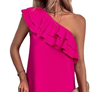One Shoulder Tiered Layered Sleeveless Ruffle Trim Tunic Dress